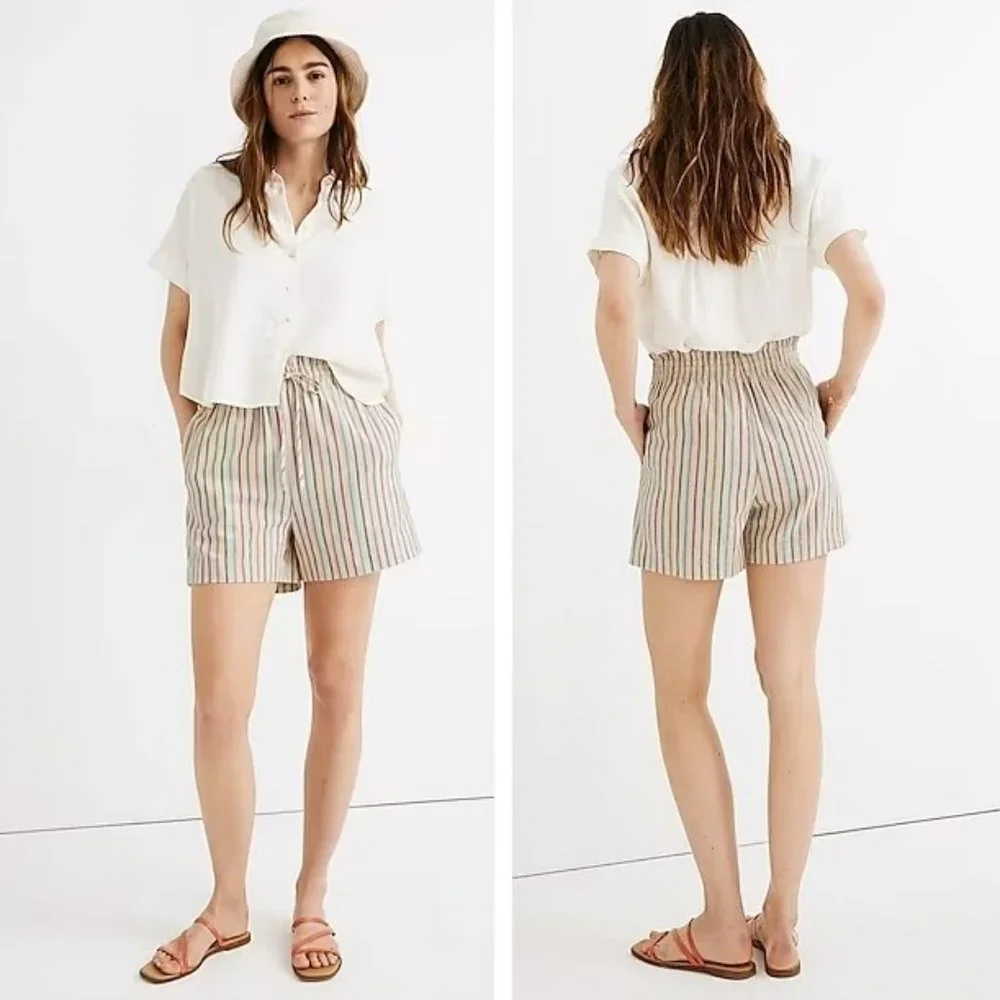 NWT Madewell Rainbow Stripe Shorts S Pull On Drawstring Cotton Linen - Picture 2 of 11